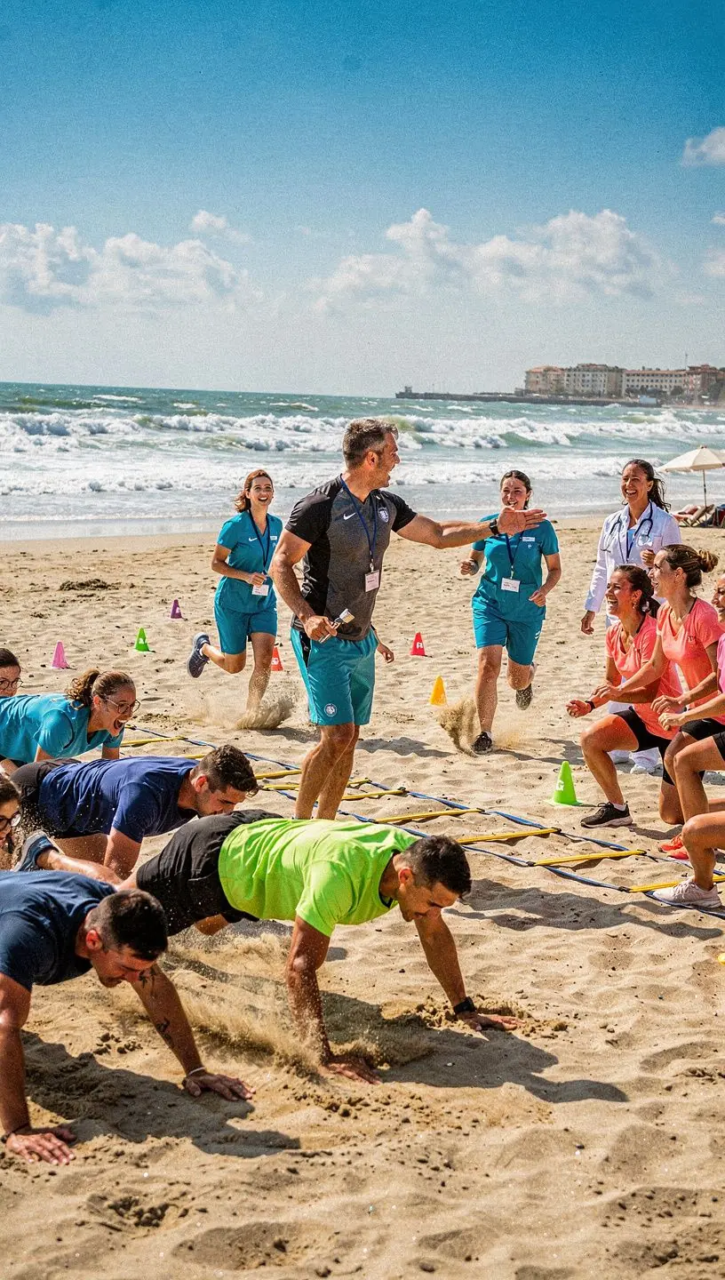 Gruppo di partecipanti che svolgono una lezione di cardio all'aperto.